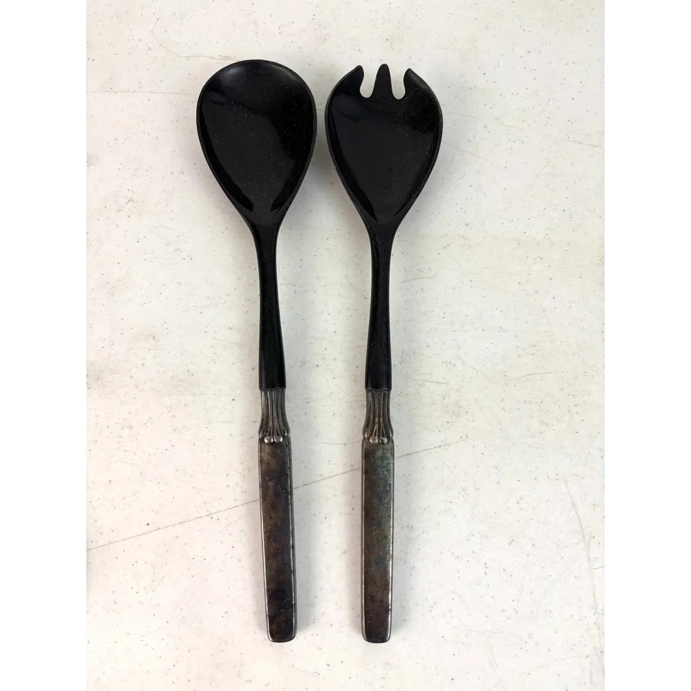 Vintage Black Handle Salad Serving Spoon Fork Set Silver Tone 11